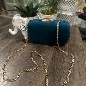 Madison West Teal Velvet Evening Clutch with Gold Chain